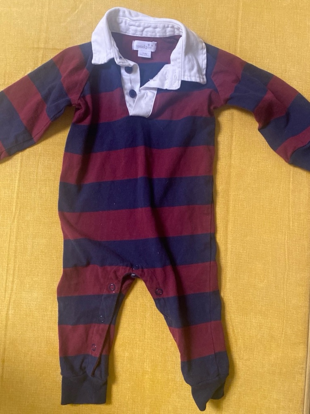 Mud pie Striped Burgundy & Navy Baby One-Piece with White Collar